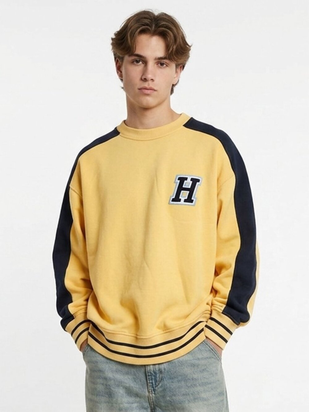 Vintage Tommy Hilfiger Sweatshirt Yellow Navy Crewneck Logo Oversized Y2K Unisex